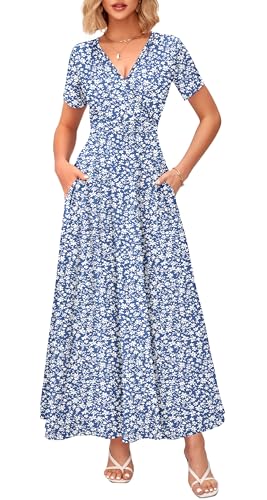 Image of WNEEDU Women's Summer Maxi Dress Short Sleeves Wrap V Neck Long Dresses with Pockets