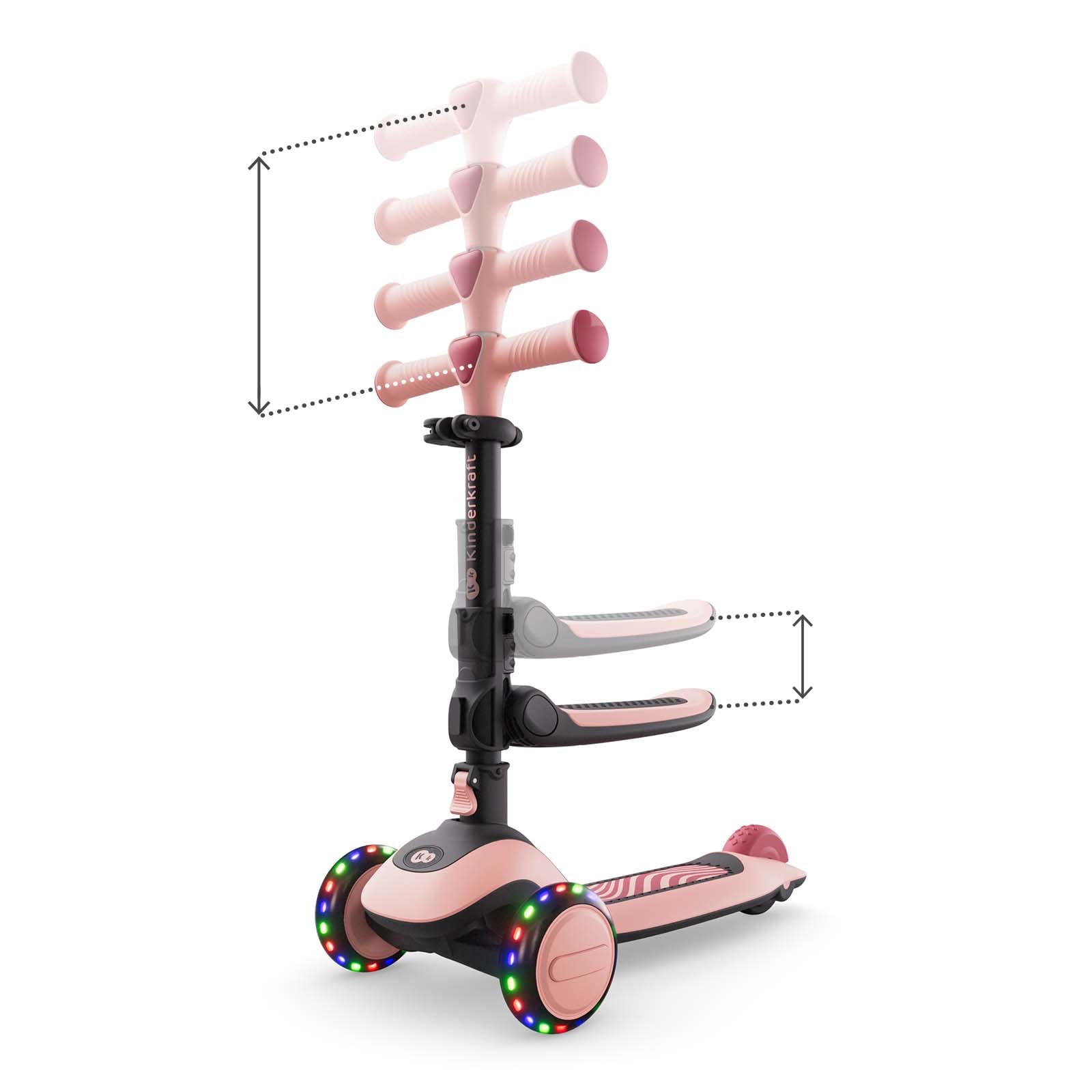 Kinderkraft Halley 2 Balance-Scooter 2-in-1, Sitz höhenverstellbar (25-33 cm), 4-Fach Verstellbarer Lenker, LED-Räder, klappbar, ab 18 Monate, rutschfeste Trittflächen, Rosa