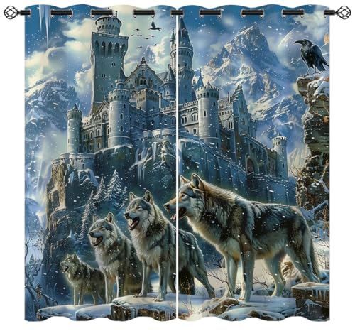 XINBADU Magic Castle Blackout Curtains for Girls Boy Home Decor, Wolf Wild Animal Mountain Winter Grommet Thermal Insulated Drapes Darkening Window Curtain for Bedroom Living Room, 42 x 45 Inch