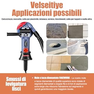 FANZWORK Levigatrice per Cemento 1500W, set con 2 Dischi Diamantati da 125 mm di alta Qualità, Levigatrice per Pavimenti con Cappa Antipolvere Rimovibile, Manico a T e Velocità Regolabile.