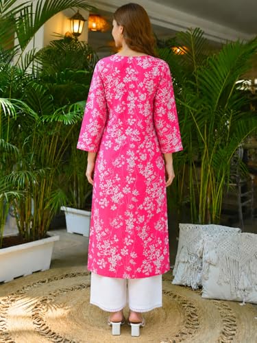 Image of GoSriKi Cotton Blend Embroidered Straight Kurta for Women | Cotton Blend Pink | 3 /4 Sleeve | Round Neck V-Slit | Ethnic Wear Casual Wear