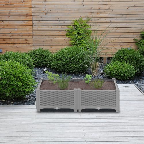 Relaxdays Pflanzkübel, Rattan-Optik, HBT: 38x80x40 cm, Garten, Balkon & Terrasse, Blumenkübel mit Wasserspeicher, grau