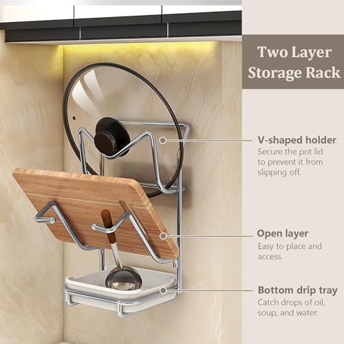 304 Stainless Steel Pot Lid Holder, No Drill Wall Mounted/Desktop Stand Pan Lid Organizer and Spoon Rest, Kitchen/Cabinet/Stove Storage Rack for Pot Lids, Cooking Spatulas, Cutting Boards (2 layers) - Image 2