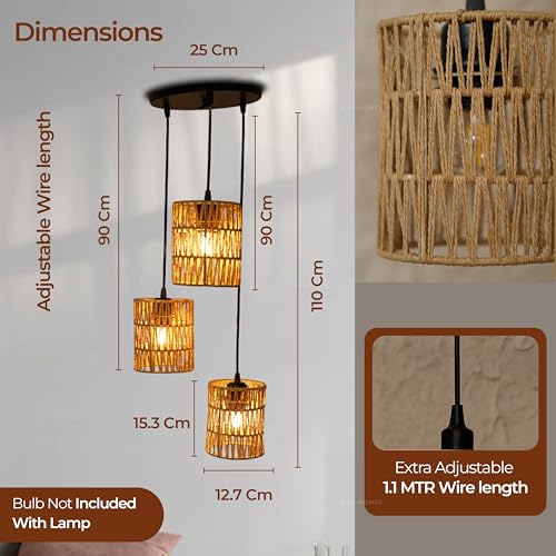 Image of Ikari Homes Rattan Chandelier 3 in1 Pendant Light, Natural Beige, Boho Style, E27 Base, Chandelier for living Room I Dining I Bedroom I Balcony I Adjustable Wire - (Bulbs not included) (Zig Zag Plain)