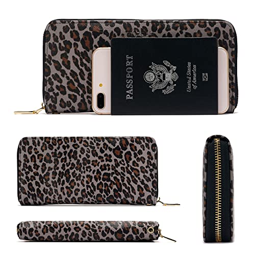 Wozeah Women's Rfid Blocking Pu Leather Zip Around Wallet Clutch Large Travel Purse (Gray Brown Leopard Print) #TOP3