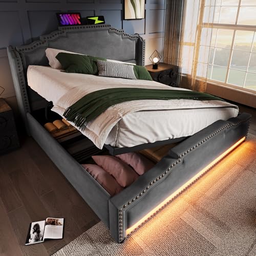 LINKHOO lit rembourré 140x200, lit Double avec Rangement hydraulique, éclairage LED et Port de Charge USB-C, lit de Rangement et lit de Jeunesse avec sommier à Lattes, Velours, Gris, sans Matelas