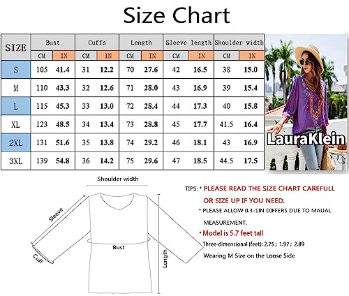 Lauraklein Women's Boho Embroidered Peasant Tops 3/4 Sleeve V Neck Mexican Bohemian Shirts Tunics Blouses (Purple328, Large) #TOP5
