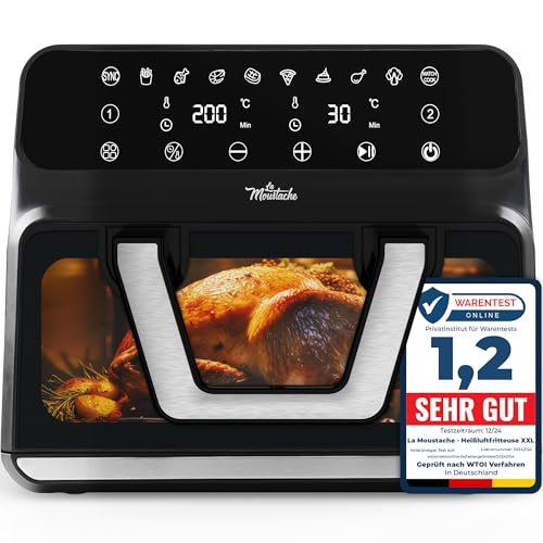 La Moustache - Heißluftfritteuse XXL, 2-in-1- Fächer, 9L Inklusive【E-Book mit 50 Rezepten】6 Kochfunktionen, 10 Programme, Air Fryer mit Antihaftbeschichtung, Max 220°C, Timer, 1700W (TwinFry)