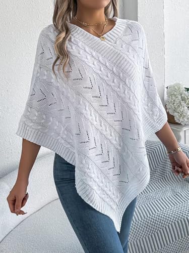 Womens Knitted Sweater Cape Shawls Casual V-Neck Wrap Pullover Tops 3/4 Sleeve Asymmetric Hem Poncho Sweater4