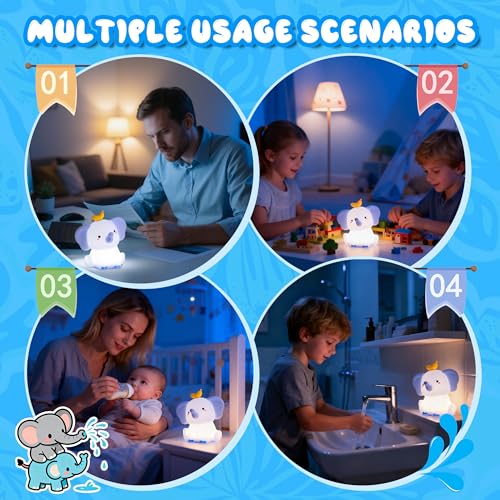 Image of Ammonite Blue Elephant Night Light, Soft Silicone Elephant Nursery Lamp with 2 Dimming Levels and 20-Minute Timer, Touch Control Nightlight for Bedroom Decor, Christmas Birthday Gift