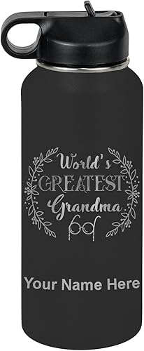 Miniatura 75 de LaserGram Botella de agua personalizada, World's Greatest Grandma, acero inoxidable de doble pared aislada al vacío con popote superior, regalo