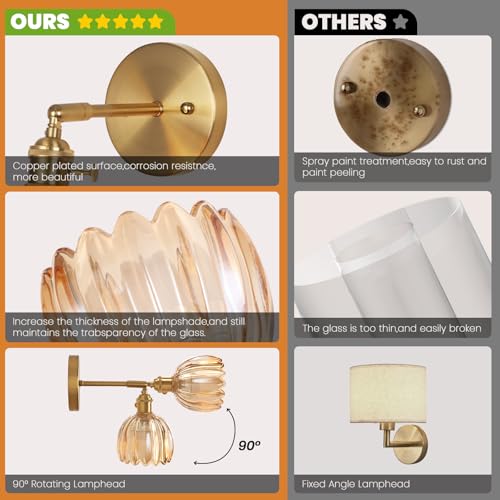 Image of Vintage Wall Sconce Set of Two, Battery Operated Wall Sconce with Amber Tulip Glass Lampshade Rechargeable Wall Light with Remote Control for Bedroom,Living Room, Hallway, Aisle