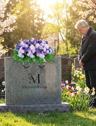 Cemetery Flower Saddles for Headstones: Purple Flowers Artificial Outdoors Grave Decorations Spring Easter Memorial Day - Fake Rose Camellia Tombstone Flowers Saddle for Cemetery G image 4