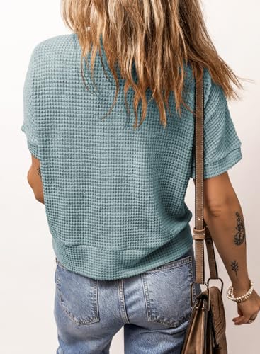 Image of Dokotoo Womens Summer Tops 2026 Waffle Knit Button Down Shirts | Trendy,V Neck,Loose Fit,Jacket,Short Sleeve,Summer Cardigan,Cropped,Shacket,Going Out Outfits,Dressy