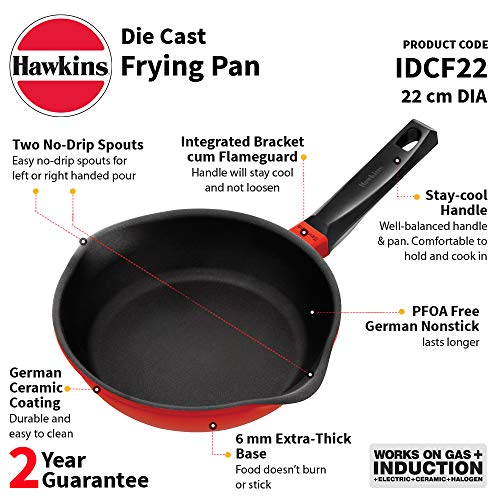 Image of Hawkins 22 cm Die Cast Non Stick Induction Fry Pan, Ceramic Coated Pan, Red (IDCF22)