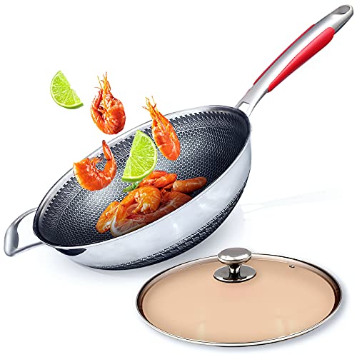 Stainless Steel Frying Pan - Honeycomb Wok - 12.5'' Honeycomb Pan Stainless Frying Pan Honeycomb Nonstick Wok Pan Stainless Steel Pan Skillet with Lid