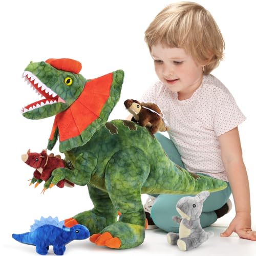 Image of MorisMos Plush Dinosaur Stuffed Animal with Babies,18'' Giant Mommy Stuffed Dilophosaurus with 4 Baby Dino Plushies Inside Belly,Boy Girl Dinosaur Toys for Kids 3-5,5Pcs Dinos Gift for Birthday Party