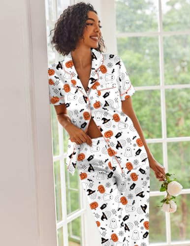 Image of Ekouaer 2 Piece Satin Short Sleeve Pajamas Set Button Down Sleepwear
