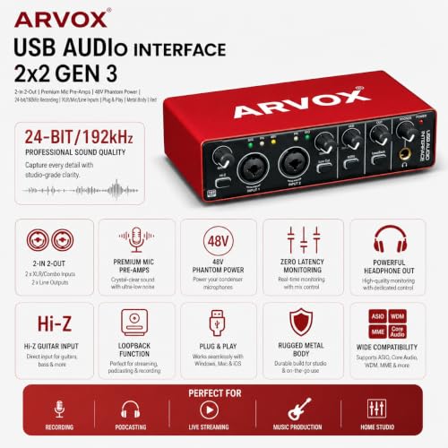 Image of Arvox Audio Interface 2x2 Gen 3 | Premium Mic Pre-Amps | 48V Phantom Power Support | 24bit /192kHz High Fidelity Recording | XLR /MIC /LINE inputs | Plug & Play-No Drivers | Metal Body | Red (GEN3)