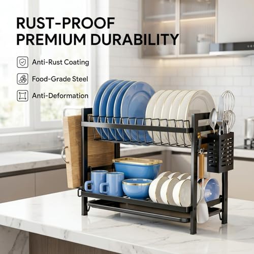 Image of COMFYHOME Utensils Drying Rack,2-Tier Stainless Steel Dish Drying Rack, Saving Countertop Organizer with Drainboard, Drainer Tray & Utensil Holder,Rust-Resistant Suitable for Plates, Cutlery, Bowls