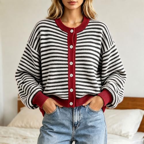 Women's Cardigan Striped Sweater Clothes Button Down Knit Clothing - image 2