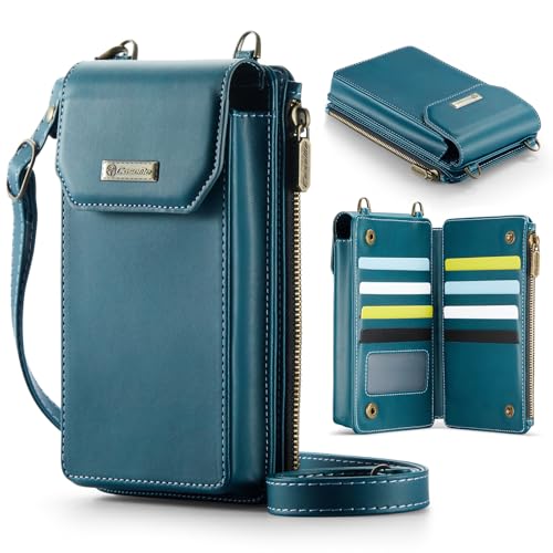 XIMAND Cartera para teléfono con ranuras para tarjetas de gran capacidad, bolsillo con cremallera para efectivo, correa de mano con bloqueo RFID y hombro cruzado, Verde, 6.7 x 4 x 3 inches