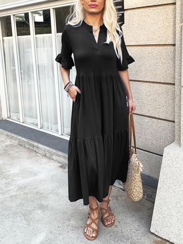 Image of Mieazom Short Sleeves Maxi Dress for Women A Line Summer Dress V Neck Casual Loose Tiered Long Dresses with Pockets
