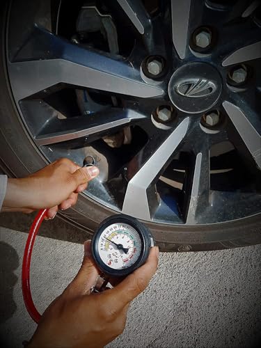 Image of Tire Pressure Analog Gauge with Hose - Heavy-Duty Air Pressure Checker for Car, Truck, Motorcycle, and Bike - Portable Manual PSI Meter (Pipe Hose Big Gauge)