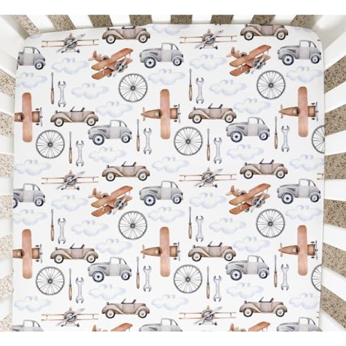 Image of Hghuooho Baby Crib Sheets Fitted for Boys and Girls Vintage Car Plane Wheel Cloud Breathable Neutral Baby Sheet 28''x52'' Fits Toddler Bed or Crib Mattress, 4267584
