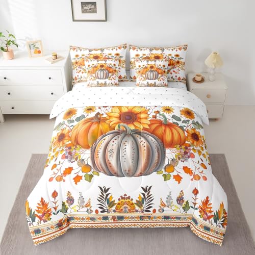 Autumn-Harvest-Fall-Queen-Comforter-Set-7-Pieces-Bed-in-a-Bag-SetThanksgiving-Pumpkin-Bedding-Sets-Queen-with-Bohemian-Sunflower-Floral-Quilted-ComforterFlat-SheetFitted-SheetPillowcases Autumn Harvest Fall Queen Comforter Set 7 Pieces Bed in a Bag SetThanksgiving Pumpkin Bedding Sets Queen with Bohemian Sunflower Floral Quilted ComforterFlat SheetFitted SheetPillowcases
