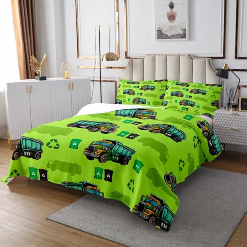 Garbage Trucks Bedspread Queen,Kids Cartoon Car Bedding Bed Cover,Boys Girls Teens Green Vehicle Cars 3 Pieces Coverlet Set with 2 Pillowcases,Rubbish Car Vehicles Bed Cover Sets for All Season