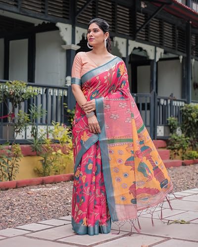 Image of Kaugalian store Linen Cotton Floral Printed Saree for Women with Unstitched Blouse Piece | 5.5 M Saree & 0.8 M Blouse