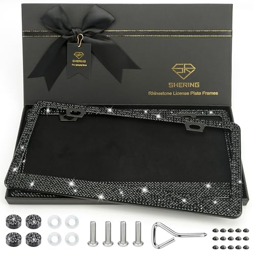 Shering 2 Pack Bling License Plate Frames for Women Stainless Steel 1200pcs Rhinestone Sparkly Diamond Handmade Bedazzled Cover (Black)
