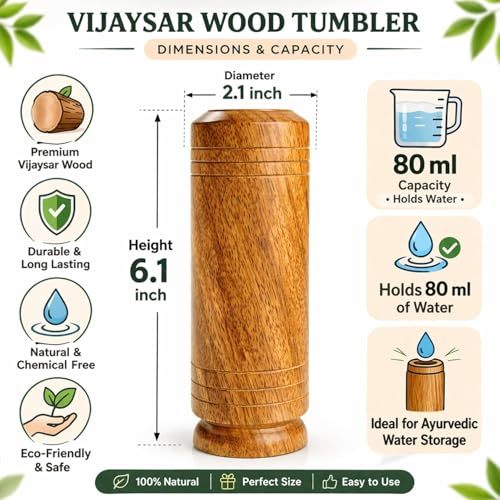 Image of Vijaysar Glass Wooden Tumbler for Diabetes Control | Original Vijaysar Wood Water Glass | Handcrafted Ayurvedic Drinking Cup for Overnight Water Storage & Healthy Lifestyle