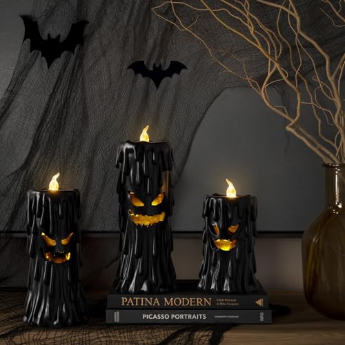 Image of Halloween Ghost Decor: Black Scary Ghost Face Candle Holder Halloween Table Decor with LED Lights, Spooky Decorations Indoor for Desk Office Mantel Home Fireplace Shelf Farmhouse Party Gifts Kids