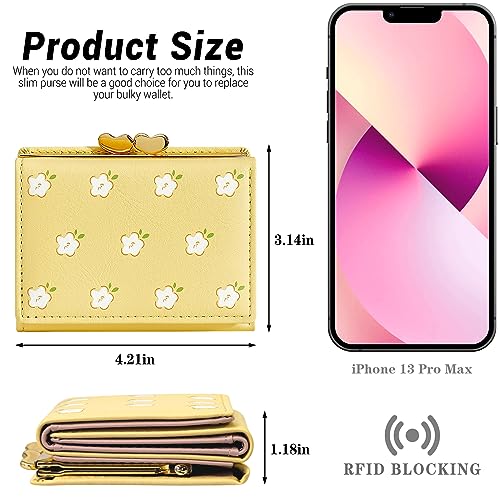 YINHEXI Wallet for Women, Flower Womens Wallet Card Holder, Small Trifold RFID Blocking Purse, Cute Small Leather Pocket Wallet for Women, Girls, Ladies (Cream Yellow)3