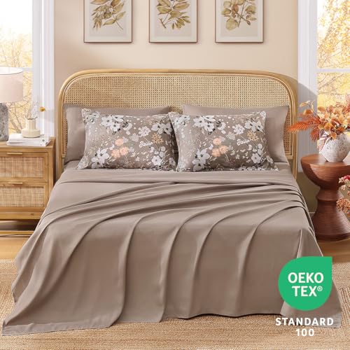 Image of Andency Twin Size 5 Piece Reversible Bed in a Bag - Botanical Floral & Gingham Comforter Set, Farmhouse Vintage Rustic Comforter,Brown