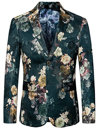 MOGU Mens Casual One Button Floral Blazer Slim Fit Jacket Dark Green Fashion Sport Coats US Size 32 (Asian Label Size L)
