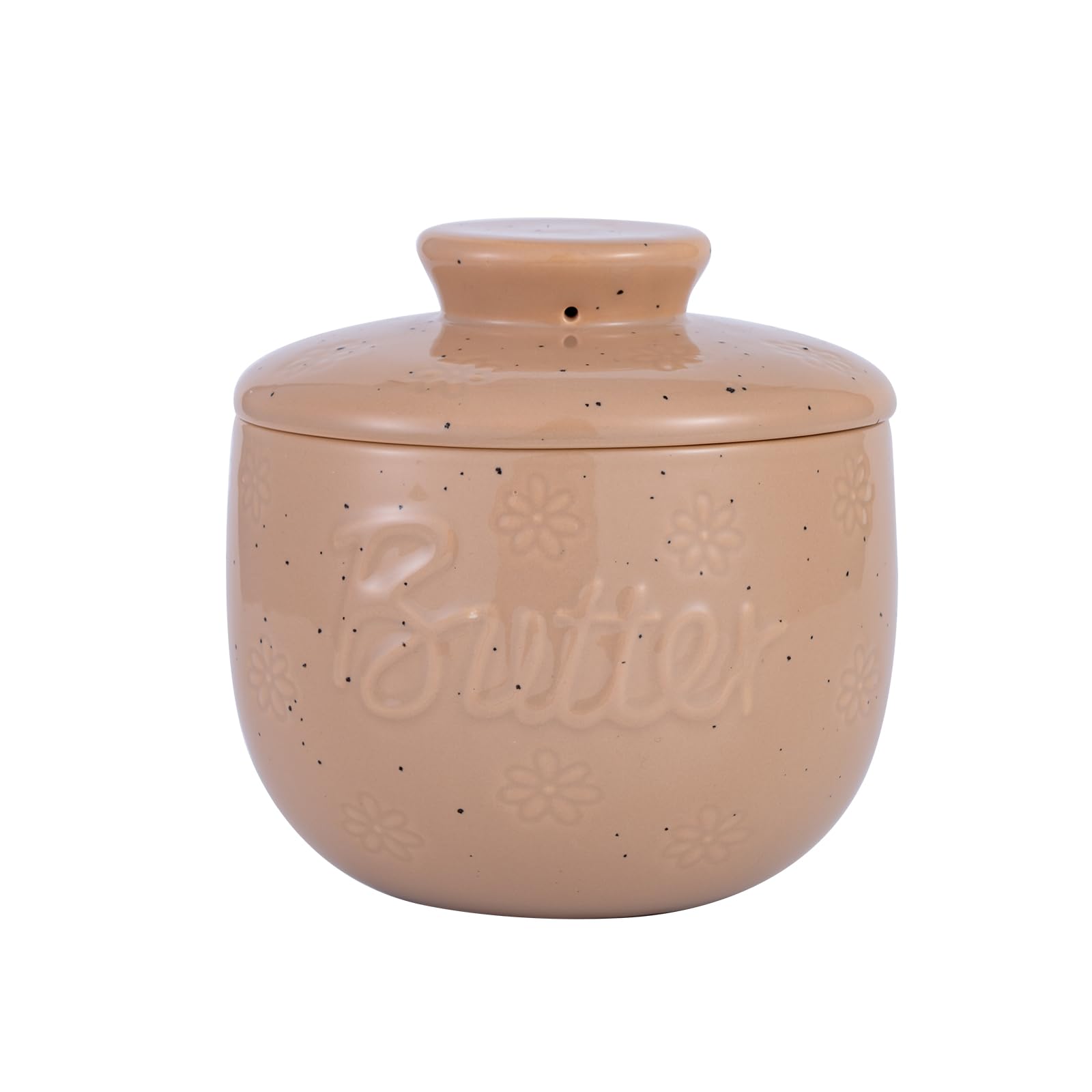 AMIEENOR Französische Butterdose mit Wasser-Dichtung, 227g Keramik Butterkühler mit Wasserlinie, Blumen-Relief Butterbehälter für Streichzarte Butter, Vintage Küchendeko, Braun