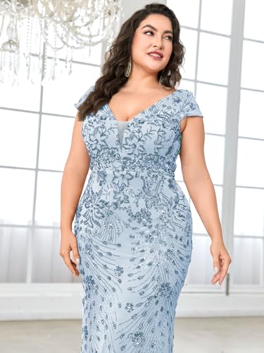 Image of Plus Size Womens Sequined Long Evening Gown Glamous Sleeveless V-Neck Mermaid Prom Dress for Wedding Party
