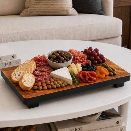 Image of Woodard & Charles Raised Acacia Wood Serving Tray, 12 inch x 8 inch x 1.75 inch, 4 Pack | Platform Serving Tray with Feet; Serve Cheese, Charcuterie, Sushi, Appetizers, Small Bites at Home, Parties, Catering Events
