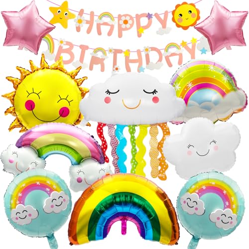Ainiv Kit Décorations Anniversaire Arc-en-Ciel, Ballon Nuage avec Happy Birthday Bannière, Décoration de Fête sur le Thème Nuages ​​Arc-en-Ciel, pour...