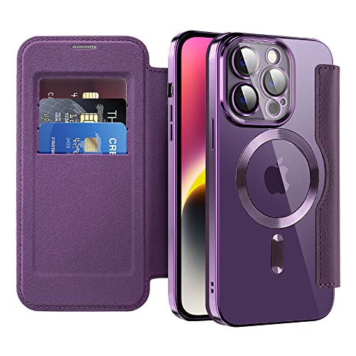 SIYOPINPFY Wallet Case for iPhone 14 Pro, [Compatible with MagSafe] Premium Flip Leather Card Holder with RFID Blocking Clear Magnetic Back Cover Shockproof Phone Case for iPhone 14 Pro (Purple JD)