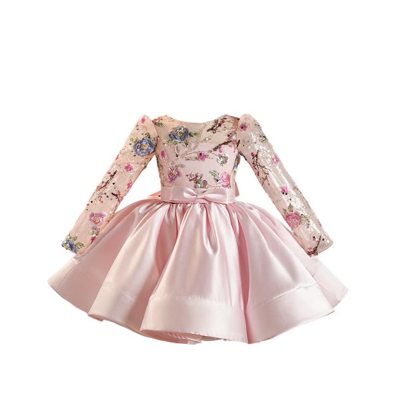 Pink Embroidered Lace Flower Girl Dress Long Sleeve Toddler Knee Length Birthday Formal Dance Wedding Gowns