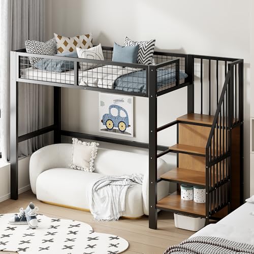 Merax Hochbett aus Metall, 90 x 200 cm, mit Kleiderschrank, multifunktionales Hochbett für 1 Platz mit Treppe, Schwarz (Ohne Matratze) Merax Hochbett aus Metall, 90 x 200 cm, mit Kleiderschrank, multifunktionales Hochbett für 1 Platz mit Treppe, Schwarz (Ohne Matratze)