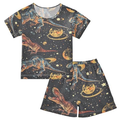 ALAZA Dinosaur Planet Pajamas Set Short Sleeve Cotton Sleepwear Summer Pjs 2 Piece 5-14Y