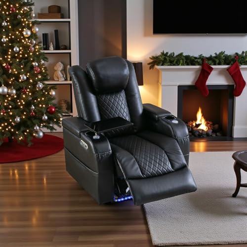 Airadlis Home Theater Seating Seats, Game Movie Theater Chairs Theater Recliner Sofa with 7 Colors Ambient Lighting, Lumbar Pillow, Side Pocket, Tray Table, Power Recline, Black - Thumbnail 2