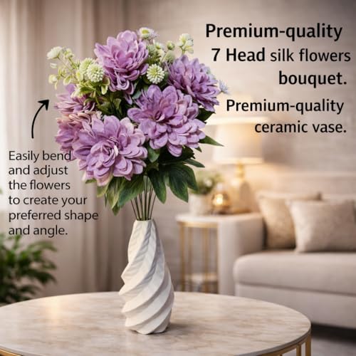 Image of Premium Combo Artificial Lavender Purple Dahlia Flower Bouquet with Designer Ceramic Vase | Snowflake Fabric Real Touch Flowers | Luxury Home Decor for Living Room Bedroom Office Table(ND-20)