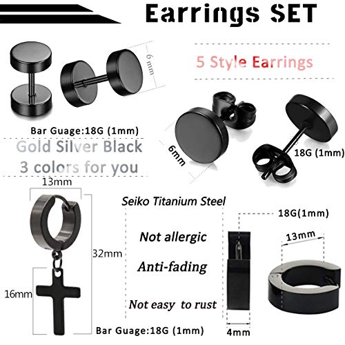 Carshier 15Pairs Stainless Steel Dangle Stud Earrings For Men Feather Huggie Hoop Hinged Loop Punk Earring Set Father's Day Gift #TOP4