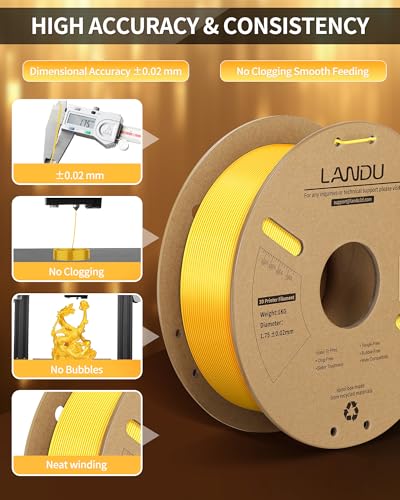 Image of LANDU Silk PLA Filament 1.75mm Gold 1KG, 3D Printer Filament Dimensional Accuracy + /- 0.02mm, 1kg Cardboard Spool(2.2lbs), Neatly Wound 3D Printing Filament Fits for Most FFF 3D Printers, Gold